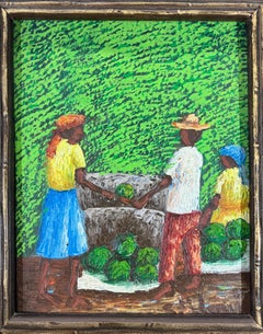 Vintage-Ölgemälde von Samuel Saint Louis aus Haiti, signiert, Marktszene auf Leinwand