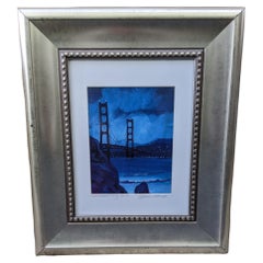 Vintage San Francisco Golden Gate Bridge at Night Painting, Framed