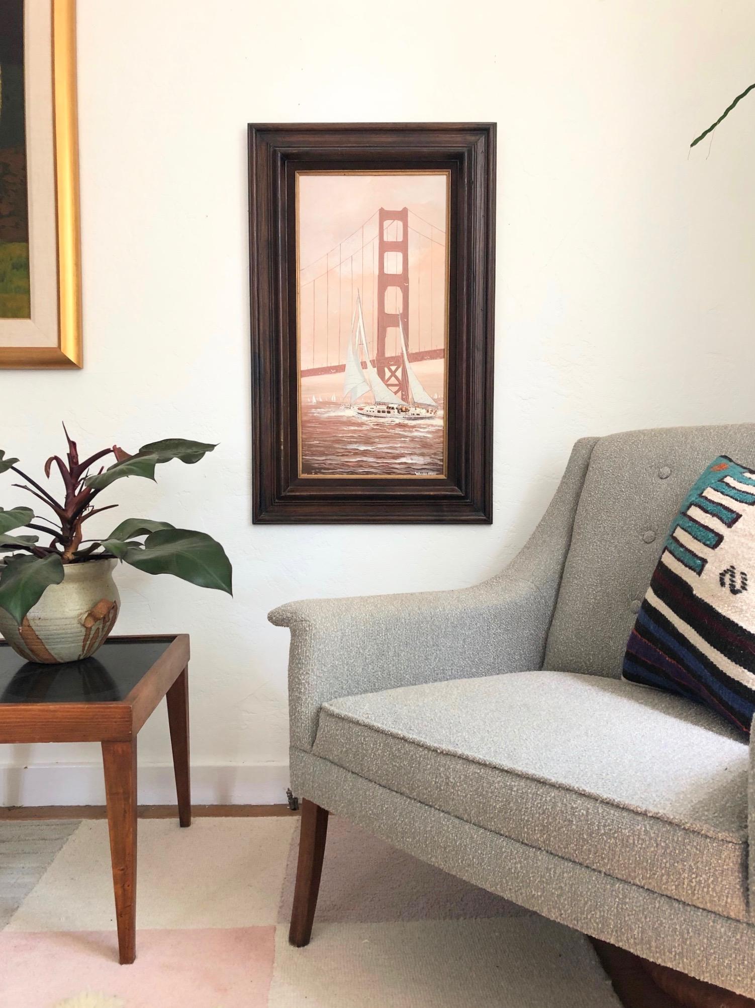 An original vintage oil on canvas painting of a San Francisco Seascape. Features the image of a boat in the waves under the Golden Gate Bridge. Nice monochromatic muted red and white color pallette. Painted in 1983 by William Gregg. Titled 