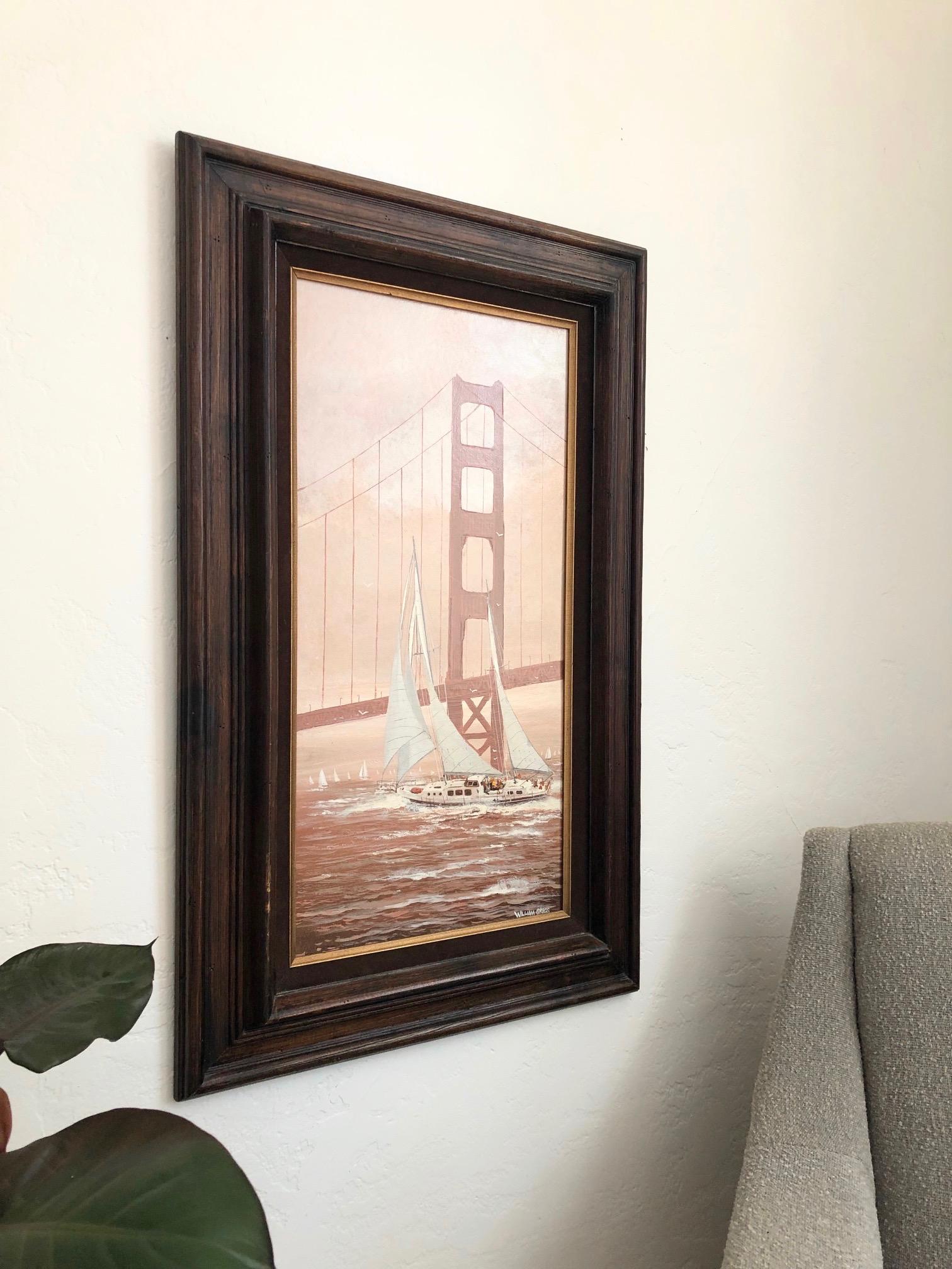 Vintage San Francisco Golden Gate Bridge Seascape Oil Painting In Good Condition In Vallejo, CA