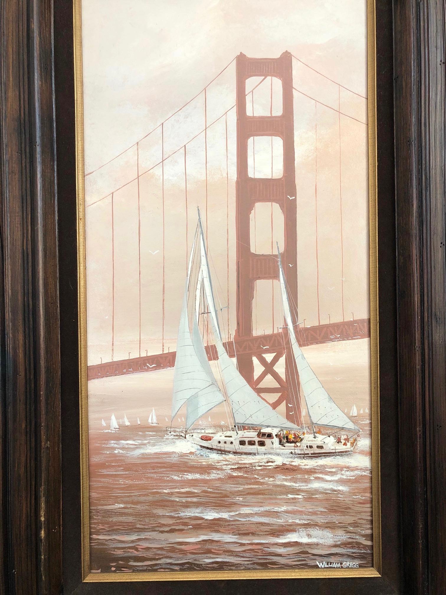 20th Century Vintage San Francisco Golden Gate Bridge Seascape Oil Painting