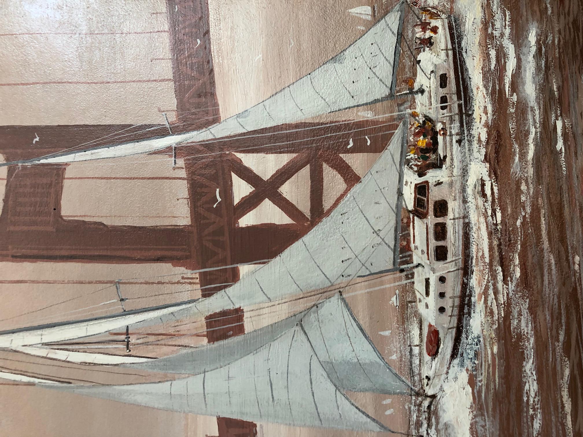 Vintage San Francisco Golden Gate Bridge Seascape Oil Painting 2