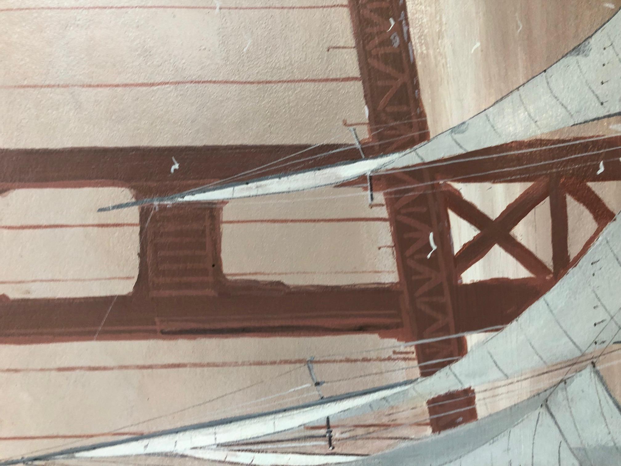 Vintage San Francisco Golden Gate Bridge Seascape Oil Painting 4