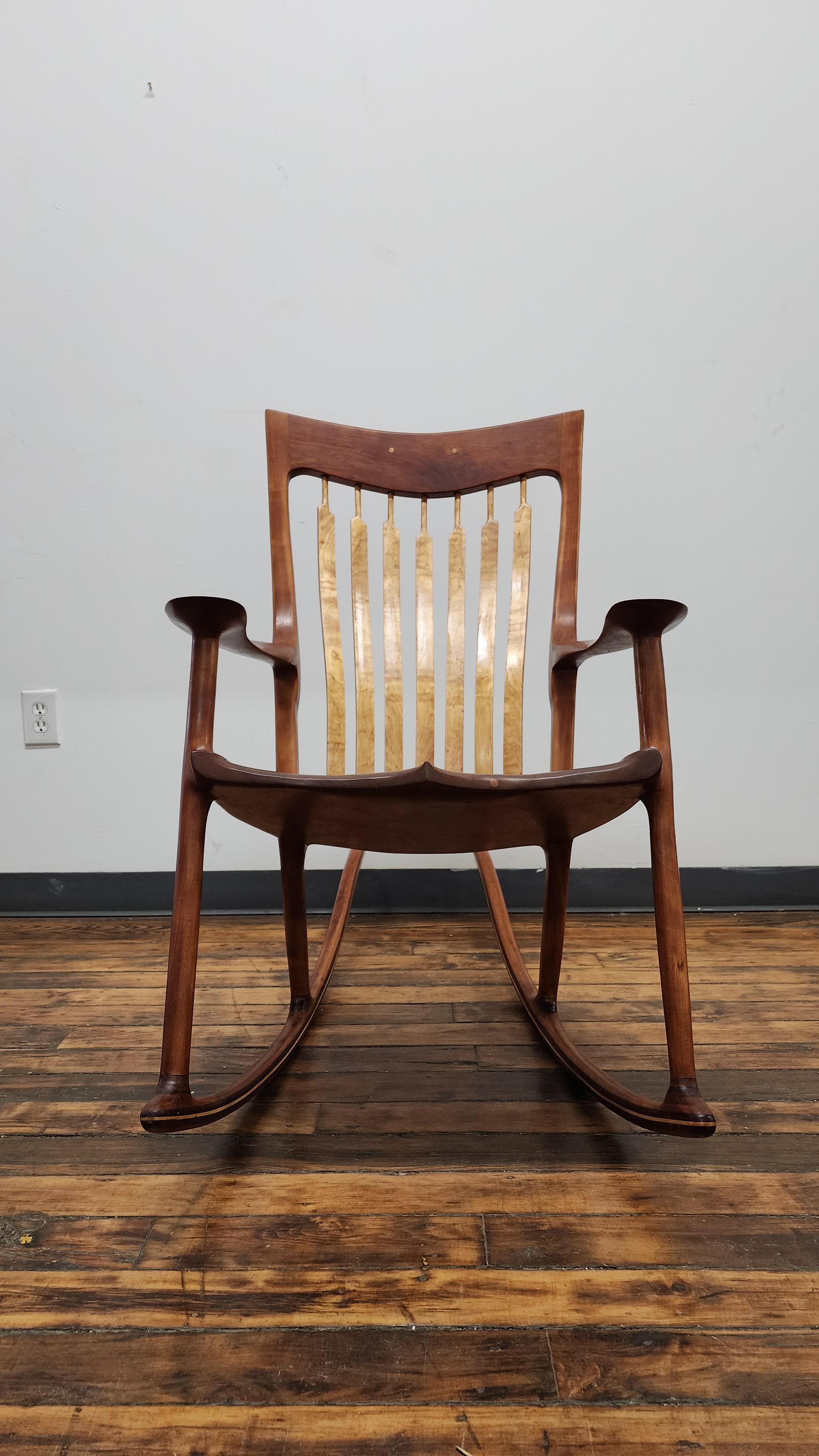 Vintage Sam Maloof Style Rocking Chair. made by an unknown woodworker. unsigned. there have been a couple repairs and knot fills