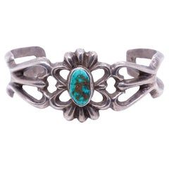 Vintage, Sandcast Native American Navajo Sterling Cuff W/ Center Turquoise