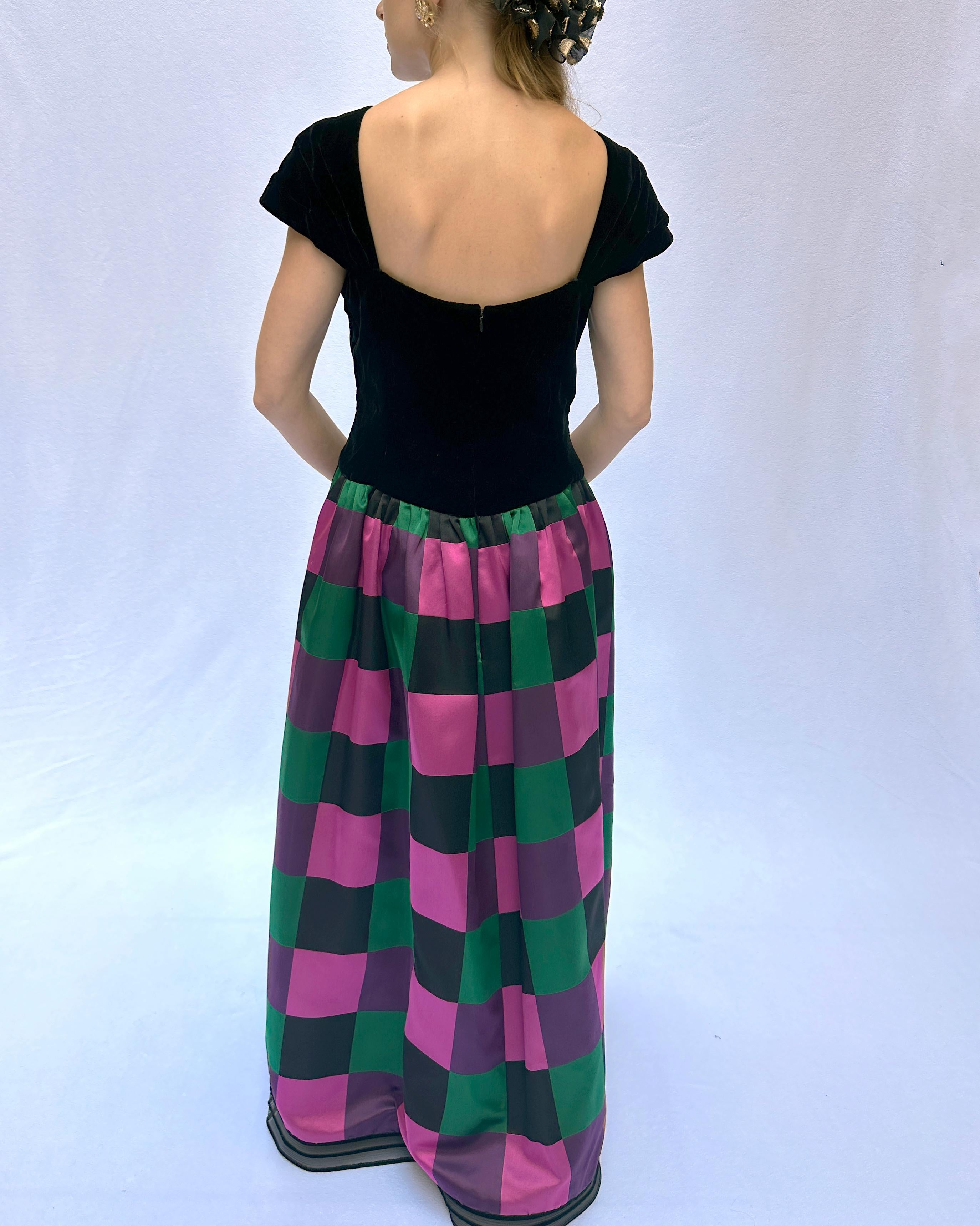 Vintage Sander Witlin Couture Velvet Bodice Harlequin Silk Gown For Sale 8