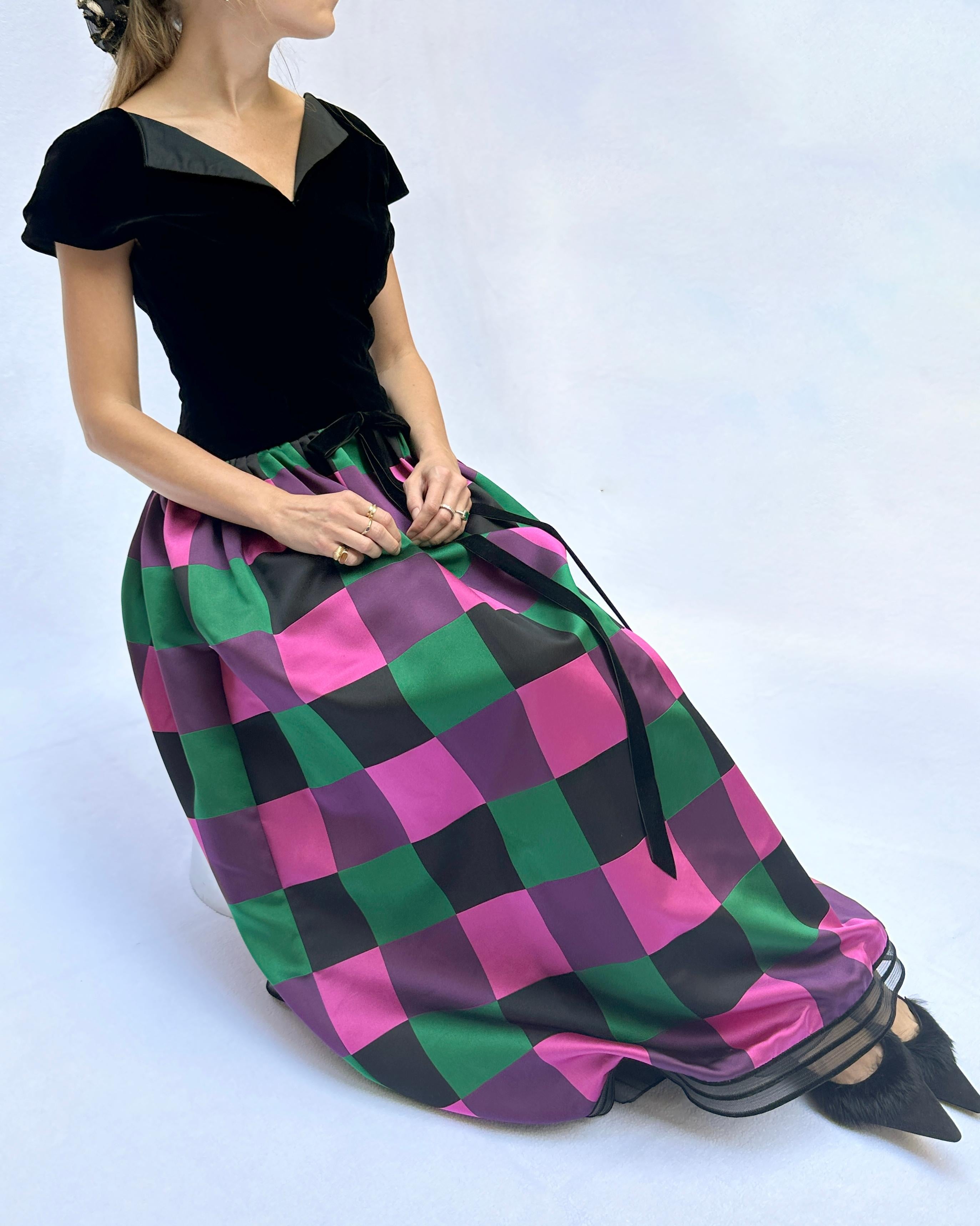 Sander Witlin Couture Vintage Samt Mieder Harlekin Seide Kleid mit Harlekin im Zustand „Hervorragend“ im Angebot in New York, NY