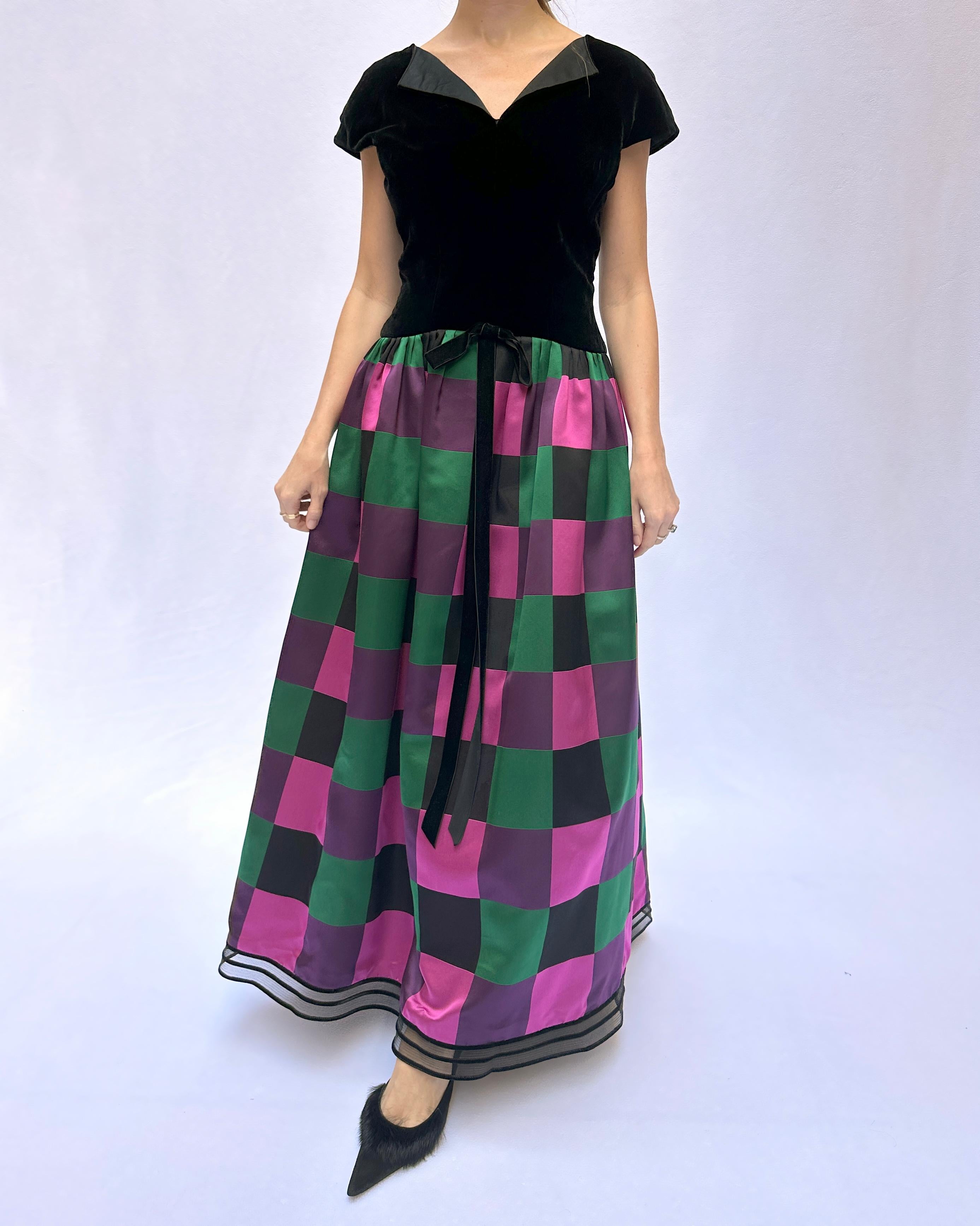 Women's Vintage Sander Witlin Couture Velvet Bodice Harlequin Silk Gown For Sale