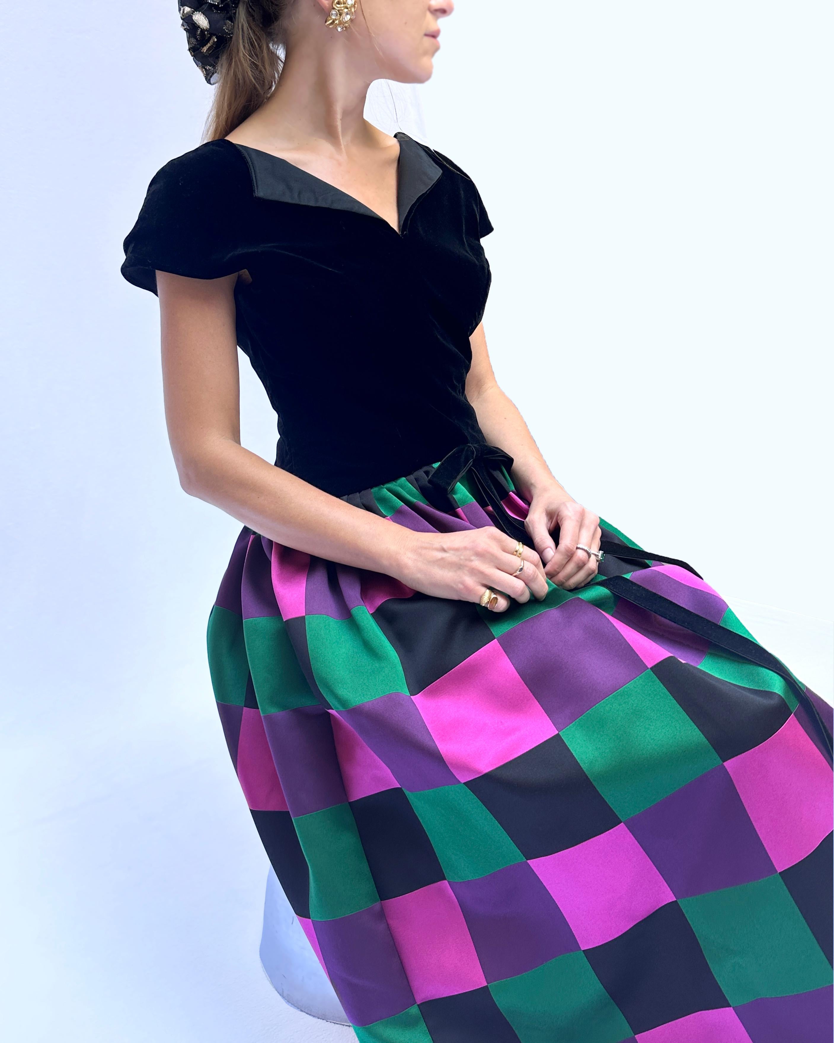 Vintage Sander Witlin Couture Velvet Bodice Harlequin Silk Gown For Sale 1