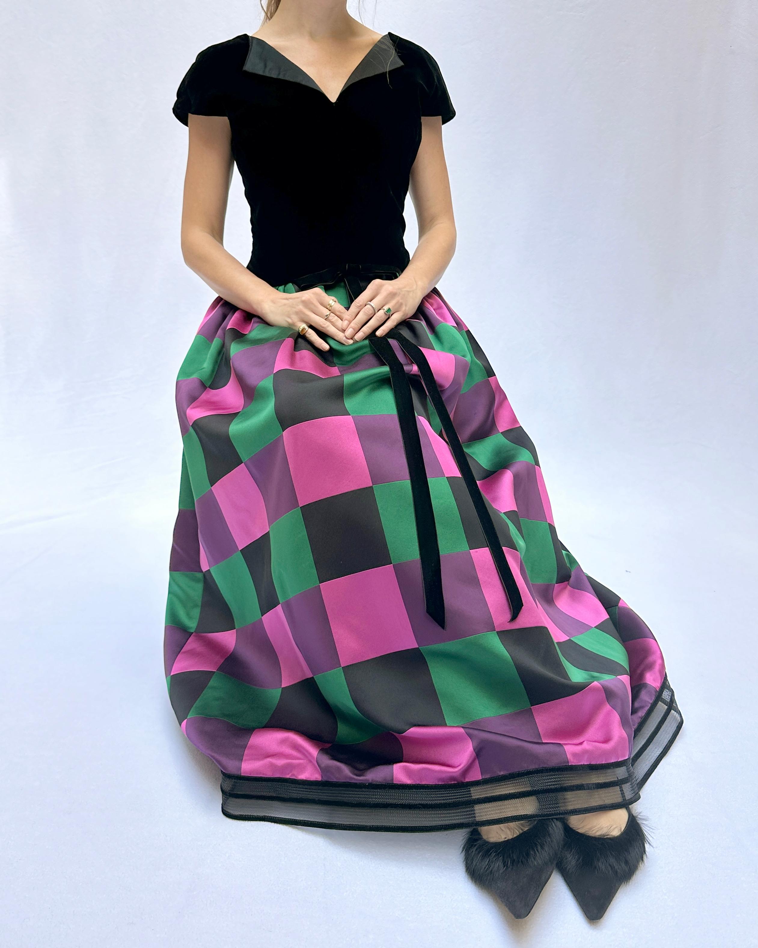 Vintage Sander Witlin Couture Velvet Bodice Harlequin Silk Gown For Sale 2