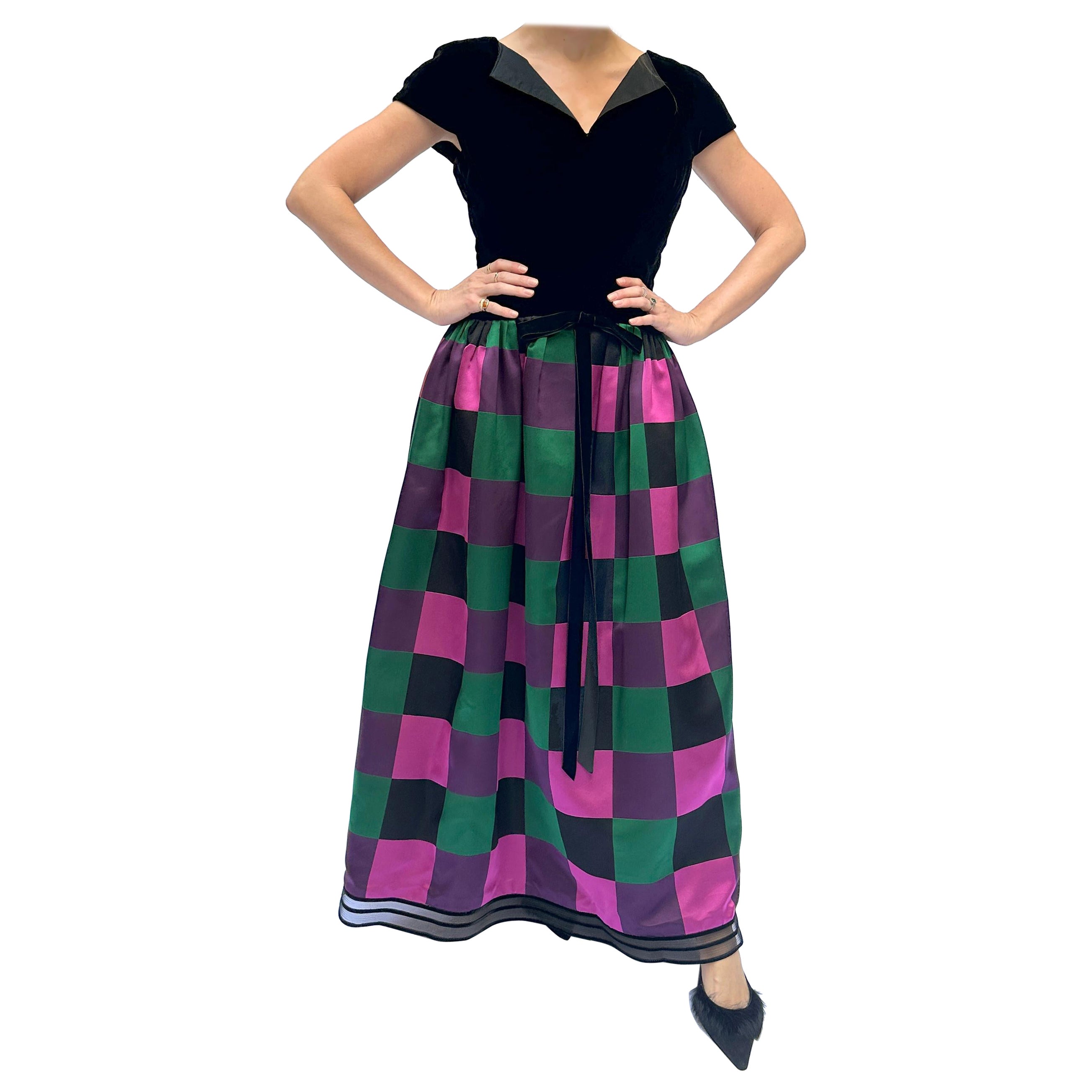 Vintage Sander Witlin Couture Vestido de seda de arlequín con corpiño de terciopelo