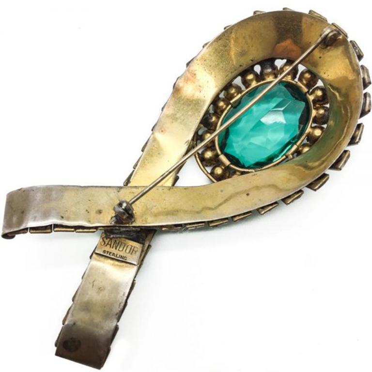 Vintage Sandor Brooch Green & Amber Crystal Solid Sterling Silver 1940s In Good Condition In Wilmslow, GB