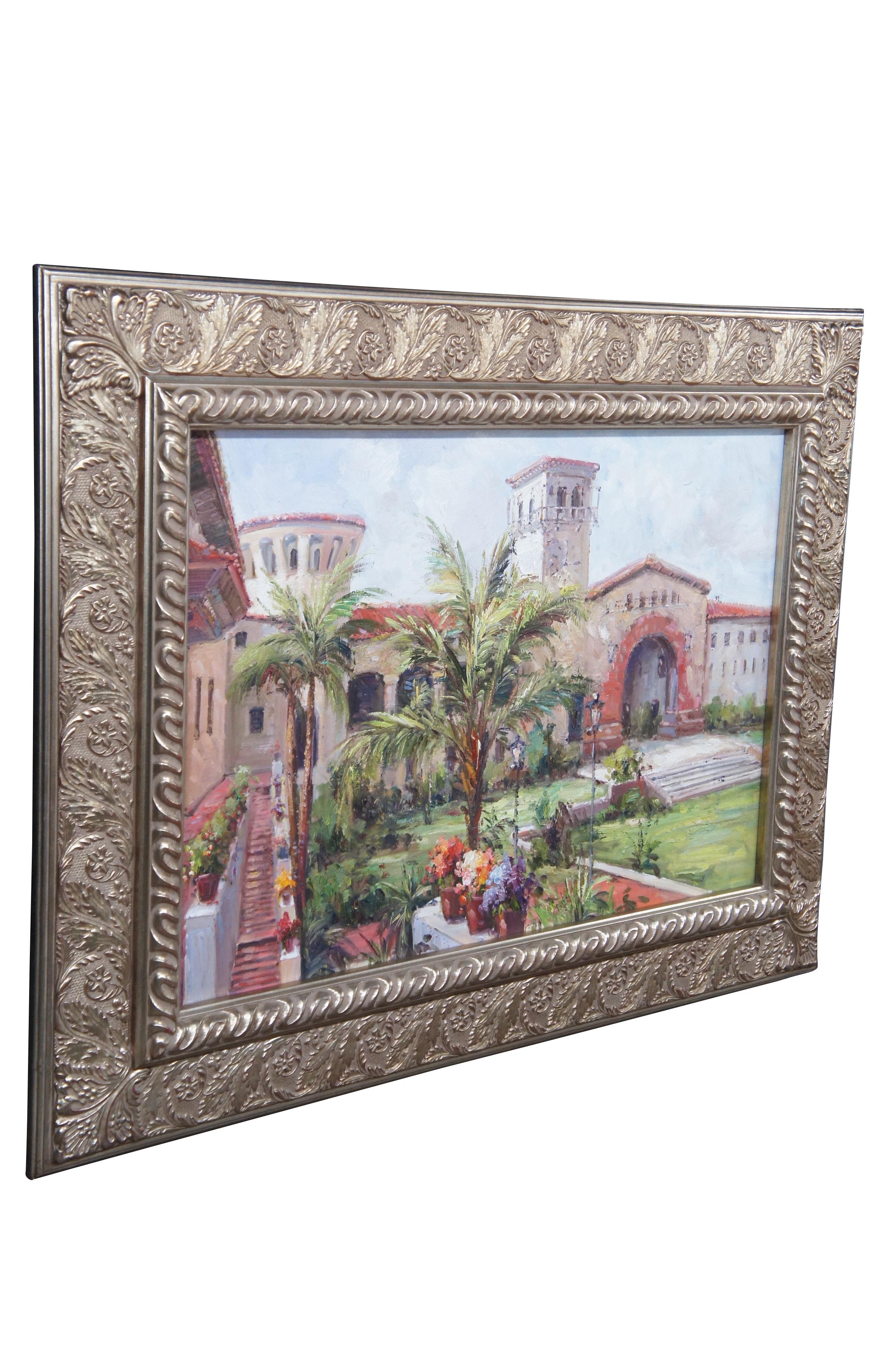 A Beautiful vintage Tuscan landscape oil painting on canvas featuring a Villa Estate view of the courtyard garden with palm trees, flowers and beautiful architecture. Framed in ornate silver floral acanthus frame.

Vintage oil painting of the Sunken