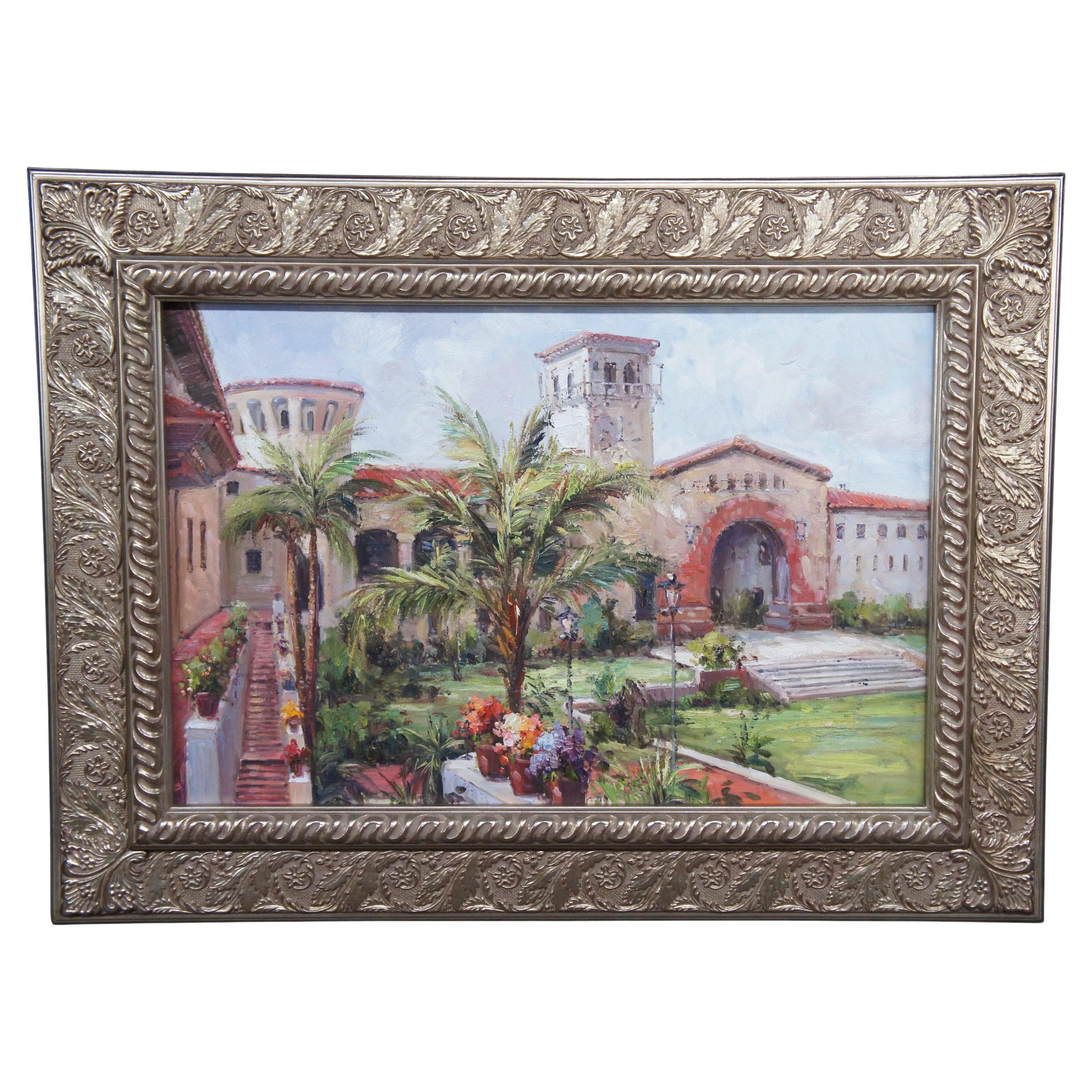 Vintage Santa Barbara Courthouse Sunken Garden Landscape Oil Painting Framed 48" For Sale