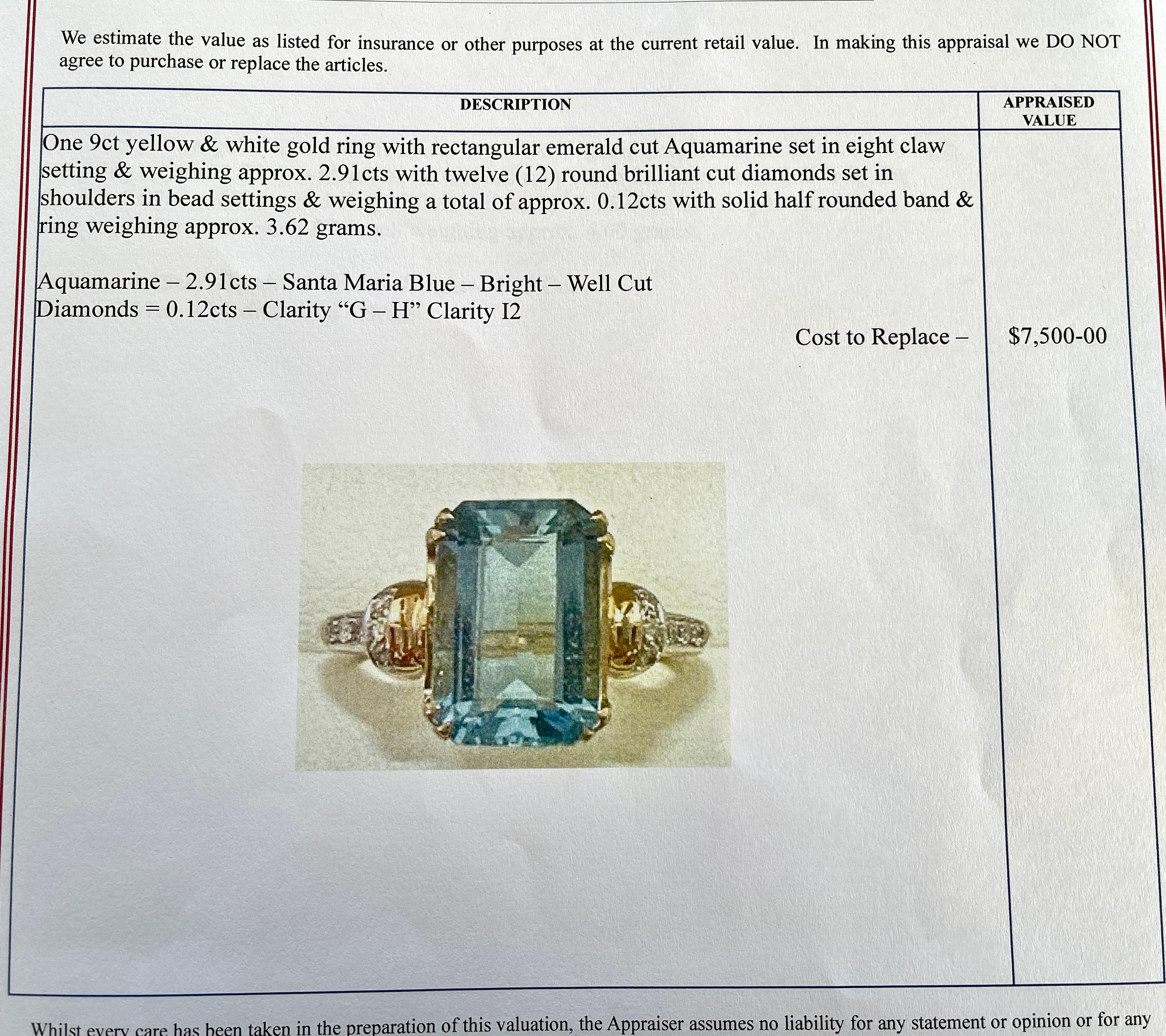 Emerald Cut Vintage Santa Maria Colour Aquamarine Diamond Ring 9ct Yellow Gold c1950s For Sale