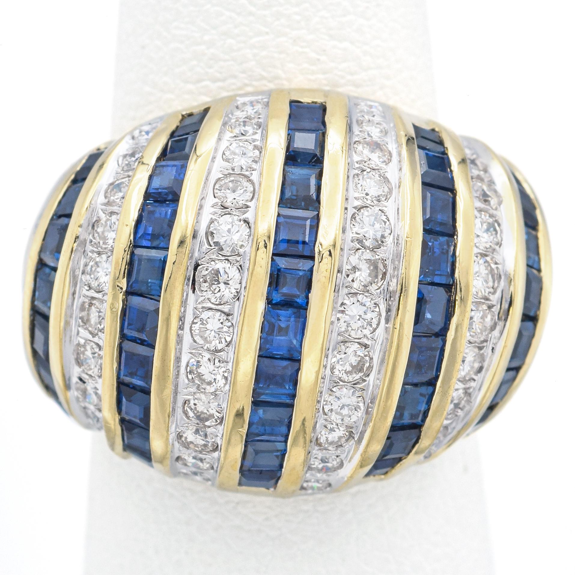 Weight: 10.9 Grams
Stone: Sapphire (2-2.25 mm) & Approx 1.28 TCW (0.01-0.03 ct) Diamond
Face of Ring: 23.0 x 17.5 x 8.6 mm
Ring Size: 5
Hallmark: 750 JJ

Item #: BR-1071-101323-09