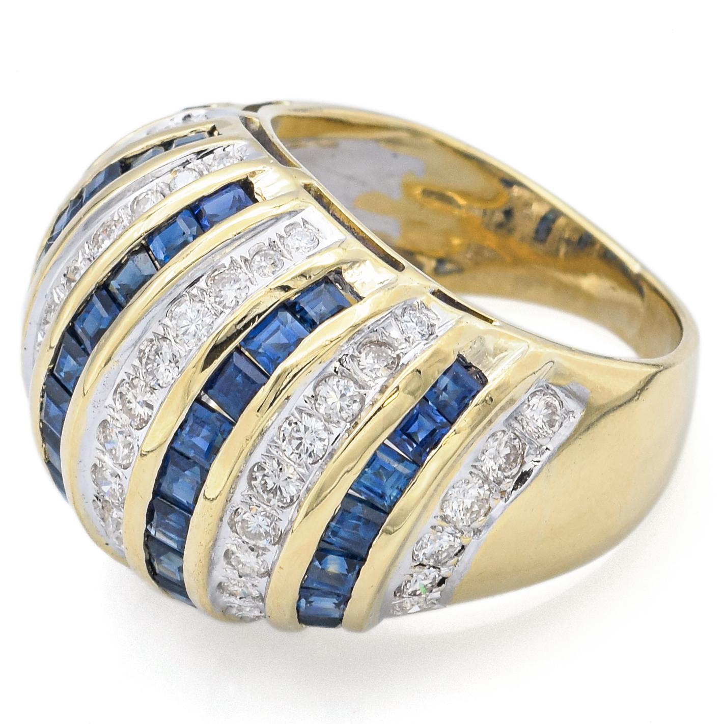 Round Cut Vintage Sapphire & 1.28 TCW Diamond Yellow Gold Dome Cocktail Ring Size 5 For Sale