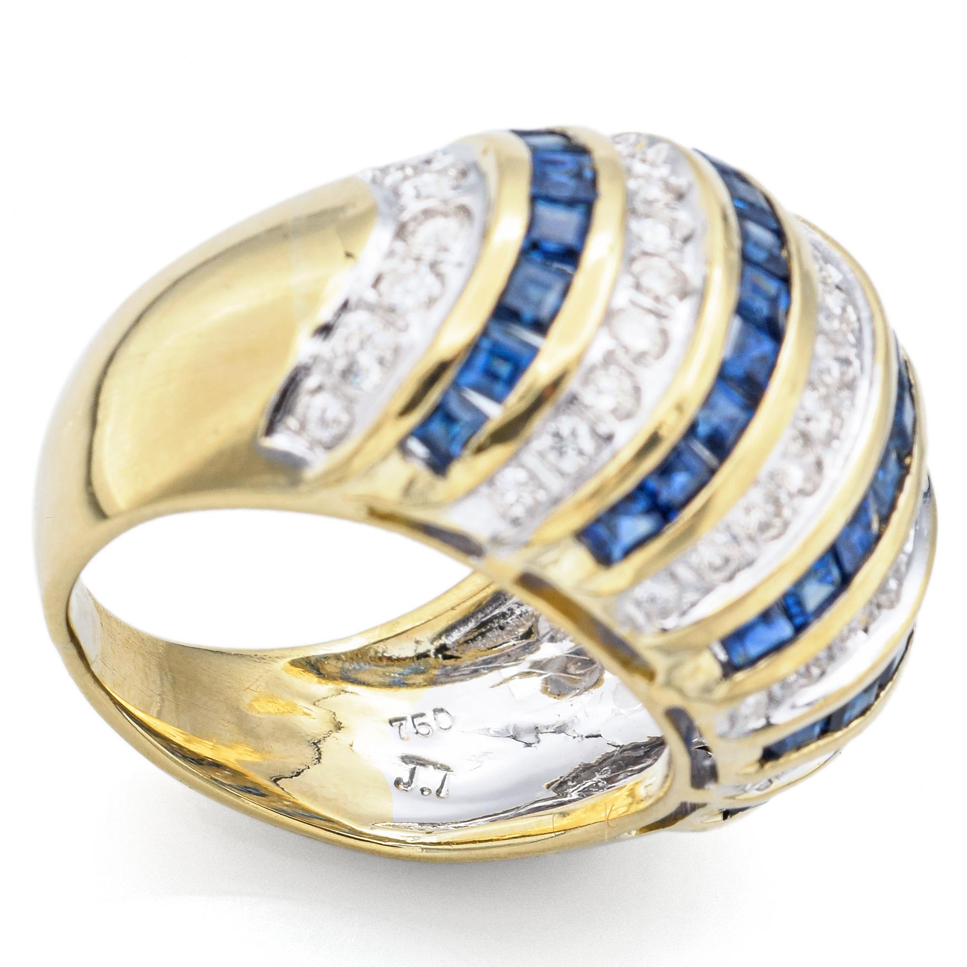 Women's Vintage Sapphire & 1.28 TCW Diamond Yellow Gold Dome Cocktail Ring Size 5 For Sale
