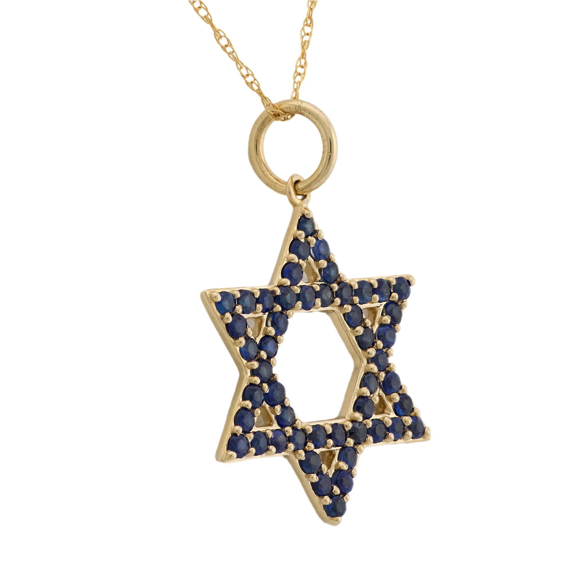 Modern Vintage sapphire 14k yellow gold star of David necklace For Sale