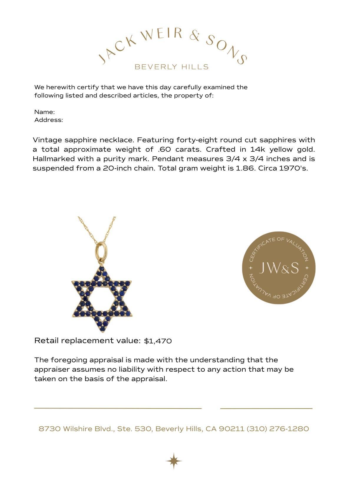Vintage sapphire 14k yellow gold star of David necklace In Good Condition For Sale In Beverly Hills, CA