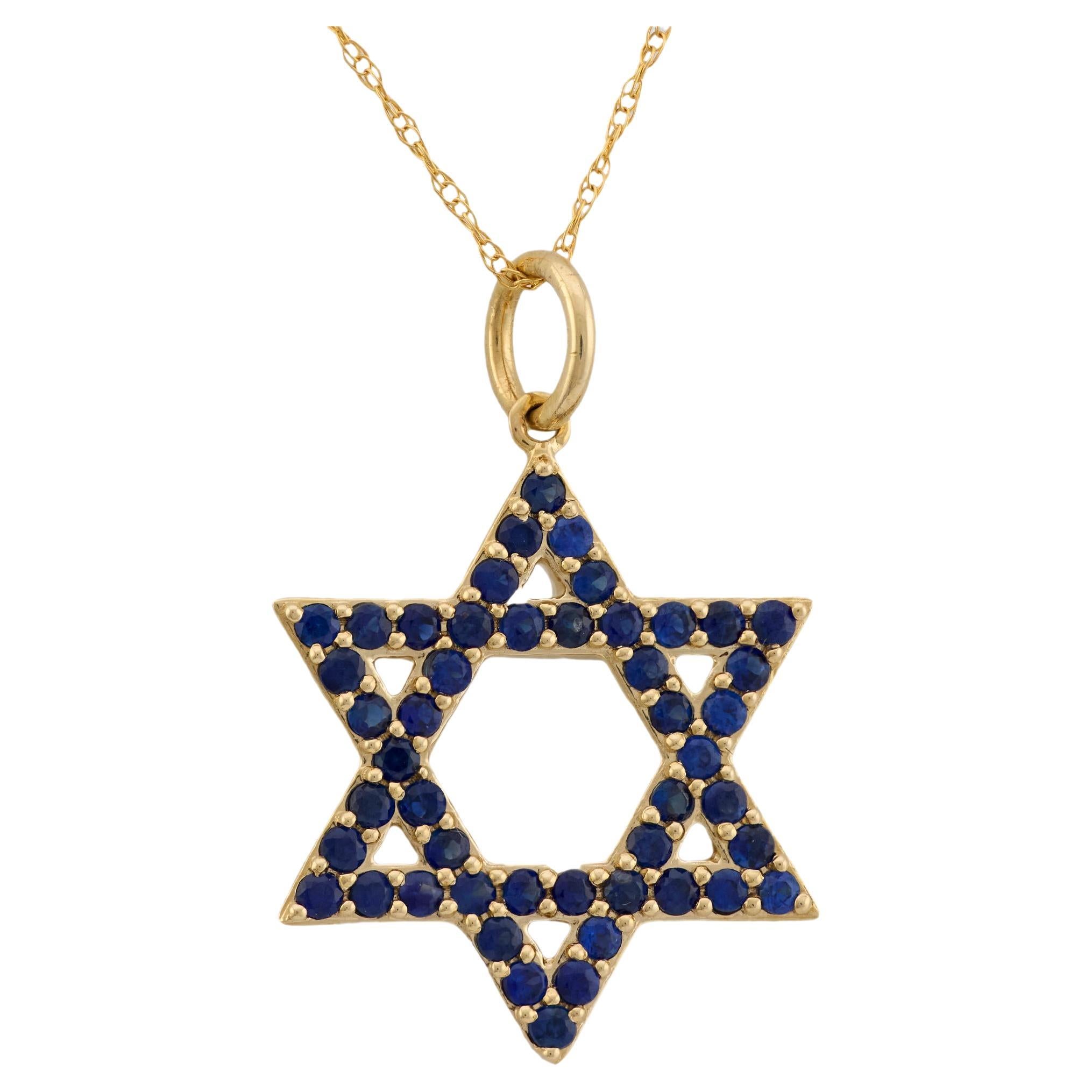 Vintage sapphire 14k yellow gold star of David necklace For Sale
