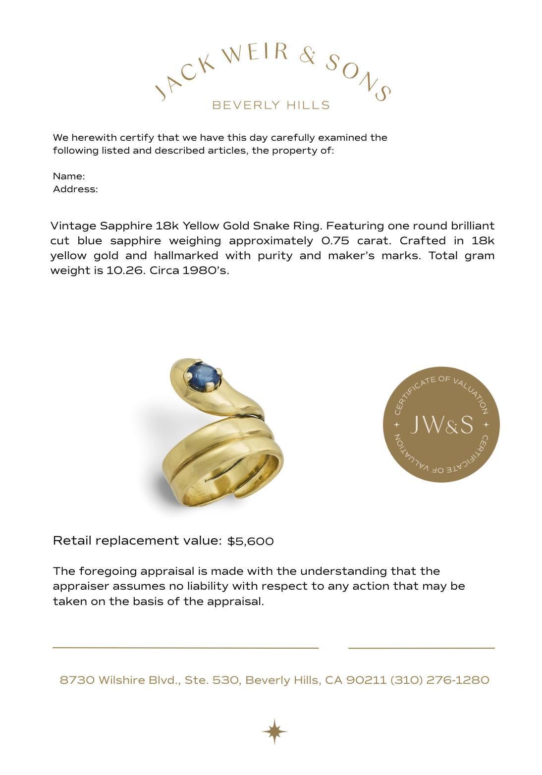 Anello a serpente con zaffiro d'epoca in oro giallo 18 carati in vendita 1