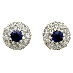 Vintage Sapphire and 1.20 Carat Diamond White Gold Stud Earrings, circa 1980