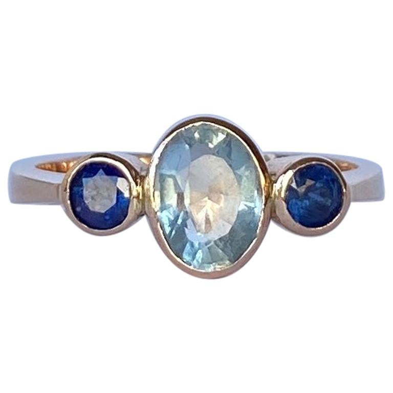 Vintage Sapphire and Aqua 9 Carat Gold Three-Stone Ring