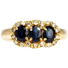 Vintage Sapphire and Diamond 14 Carat Gold Three-Stone Cluster Ring