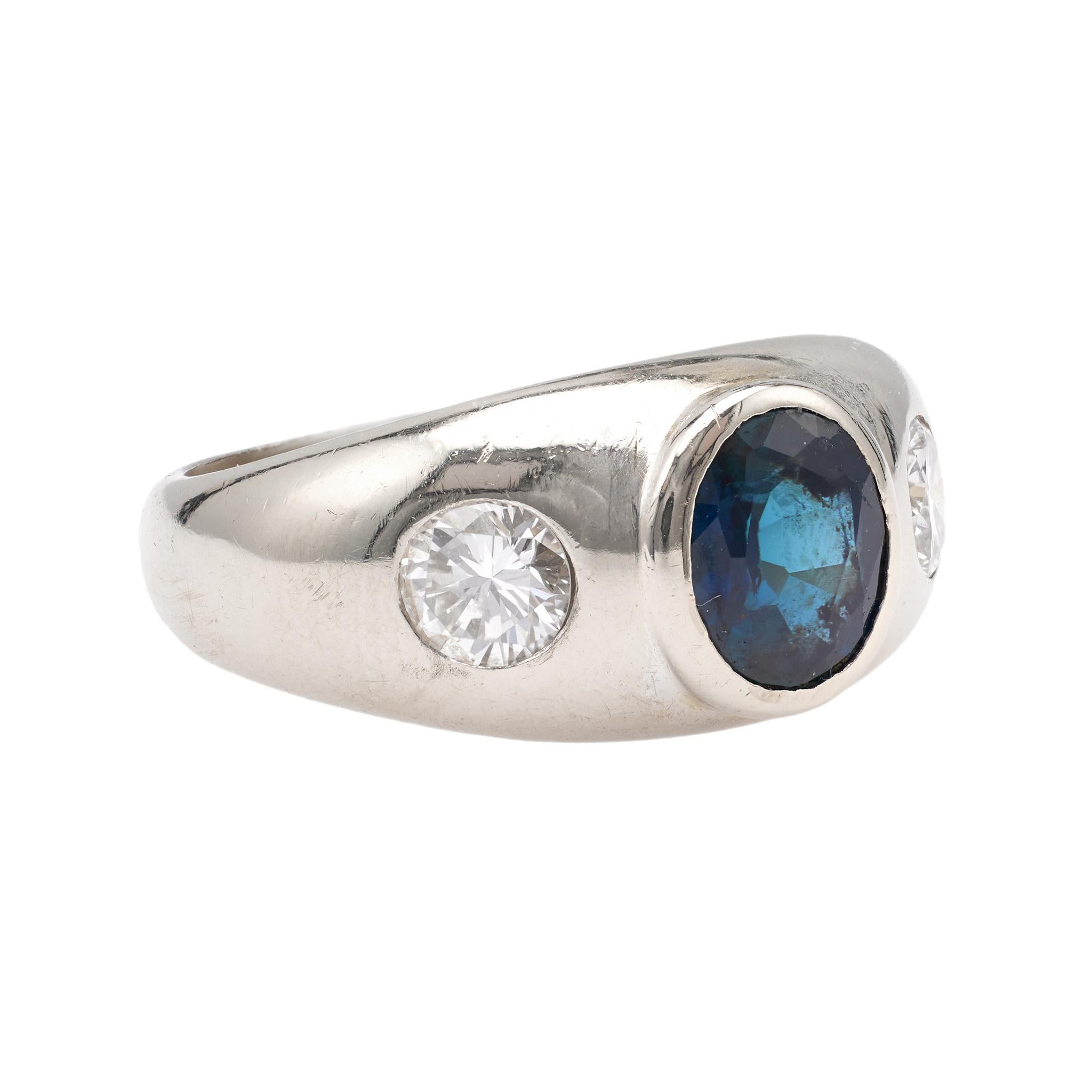 Women's or Men's Vintage Sapphire and Diamond 14k White Gold Three Stone Ring