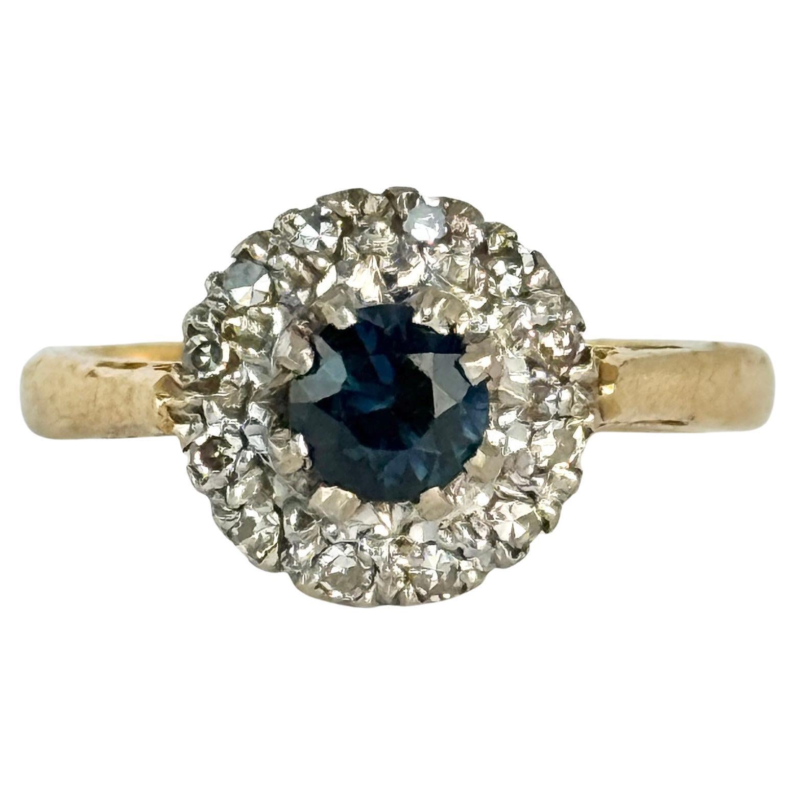 Anello a grappolo vintage con zaffiro e diamante da 18 carati e platino