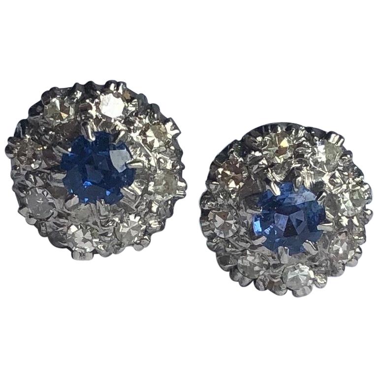 Vintage Sapphire and Diamond 18 Carat Gold and Platinum Cluster Stud Earrings