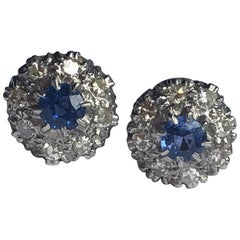 Vintage Sapphire and Diamond 18 Carat Gold and Platinum Cluster Stud Earrings