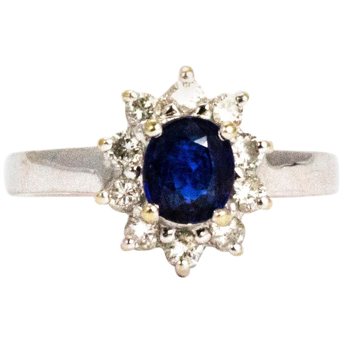 Vintage Sapphire and Diamond 18 Carat Gold Cluster For Sale