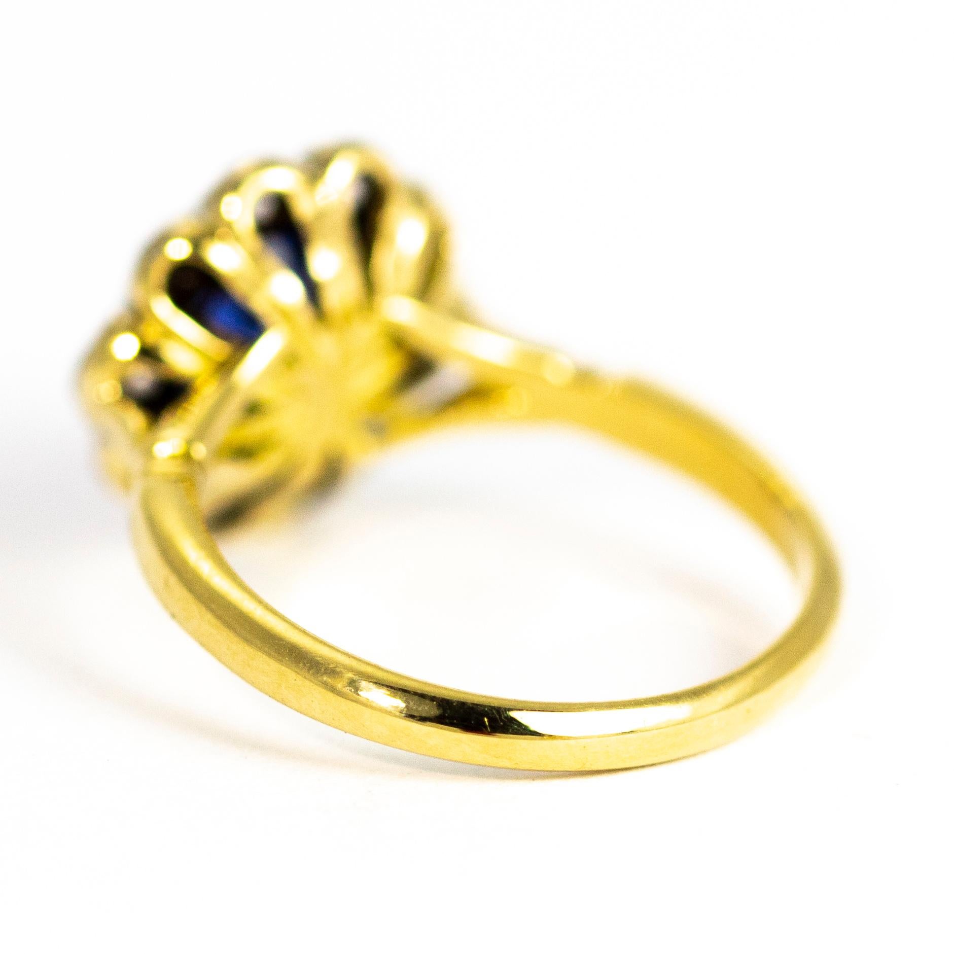 Modern Vintage Sapphire and Diamond 18 Carat Gold Cluster Ring