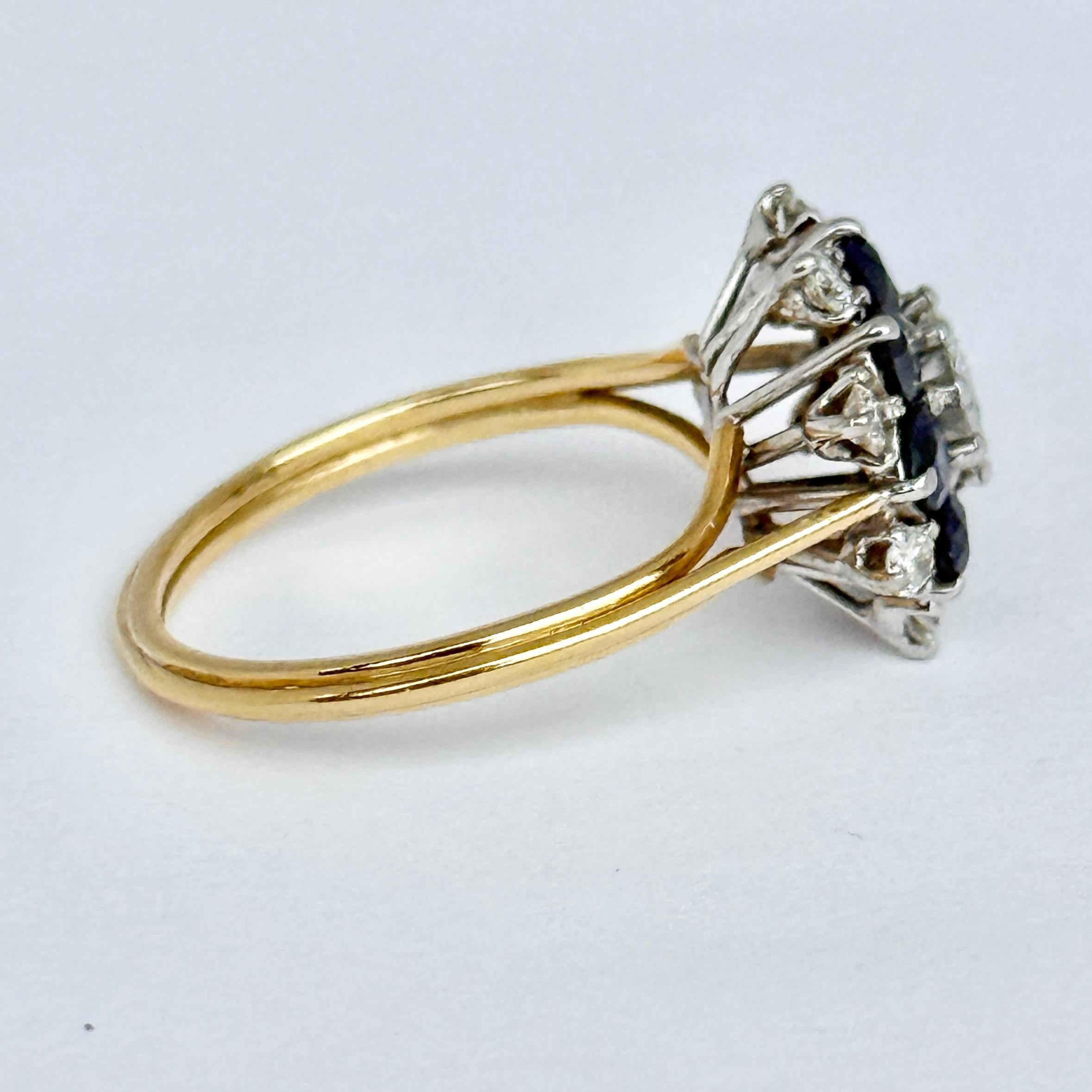 da uomo o donna Anello a grappolo con zaffiro e diamante d'epoca in oro 18 carati in vendita