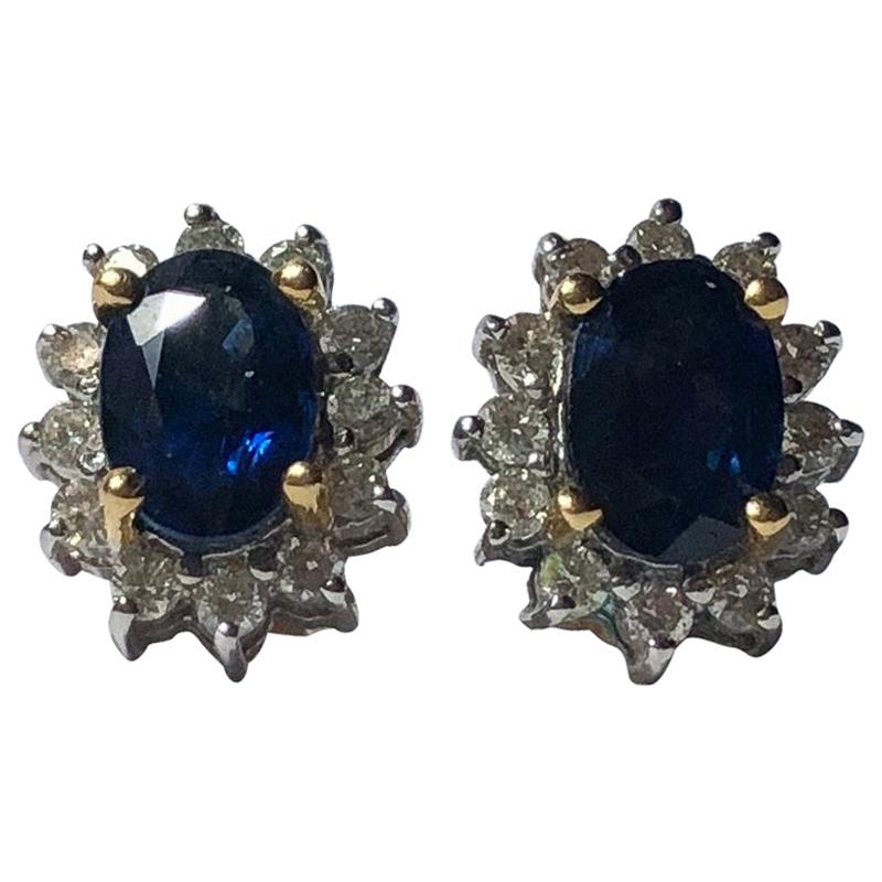 Vintage Sapphire and Diamond 18 Carat Gold Cluster Stud Earrings