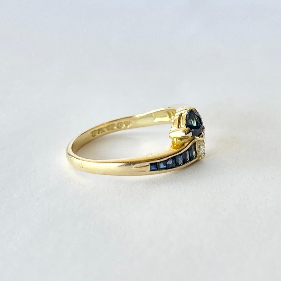 Vintage Sapphire and Diamond 18 Carat Gold Cross Over Ring In Good Condition For Sale In Chipping Campden, GB