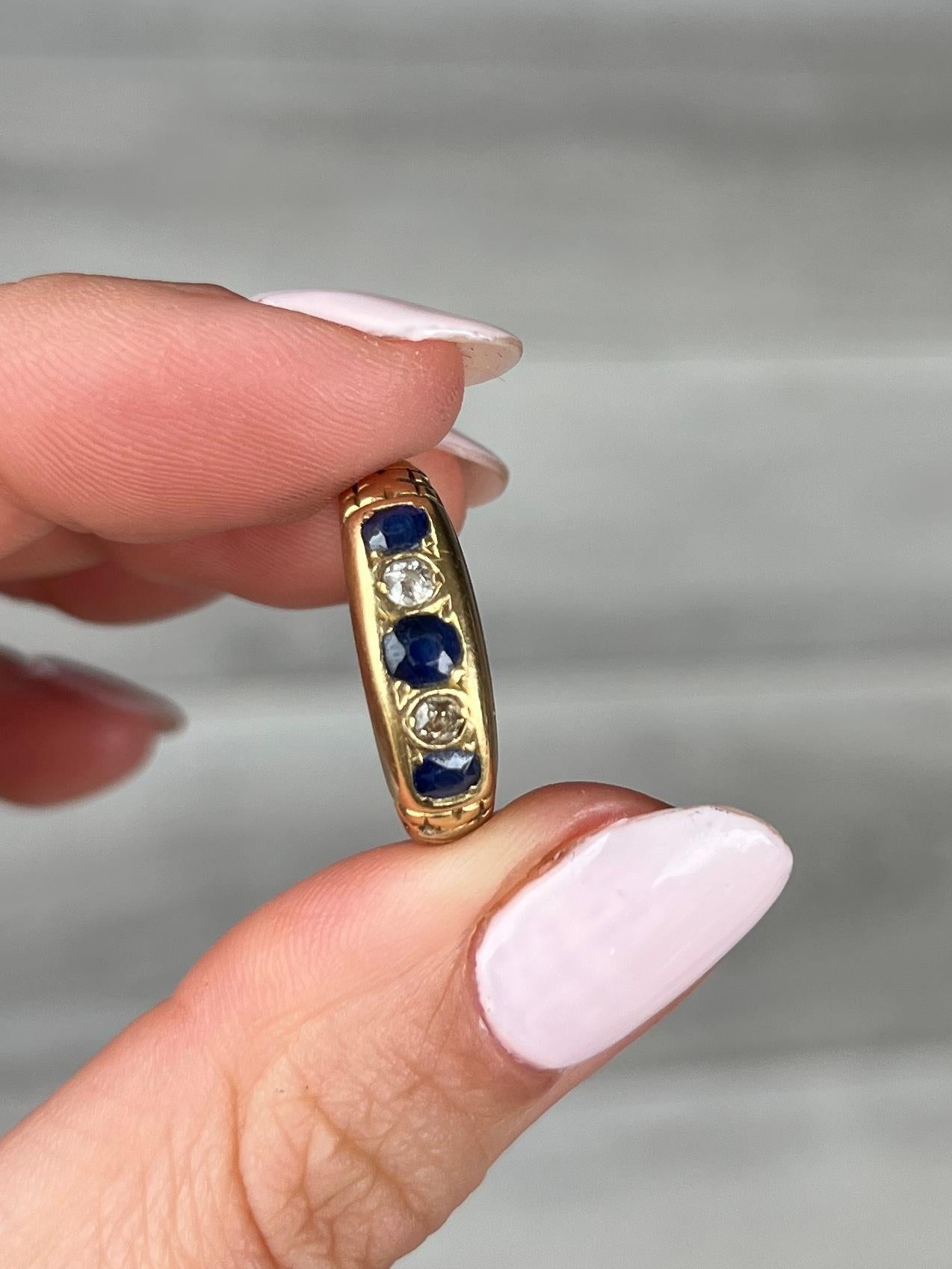 Moderno Fascia a cinque pietre in oro 18 carati con zaffiro e diamante vintage in vendita