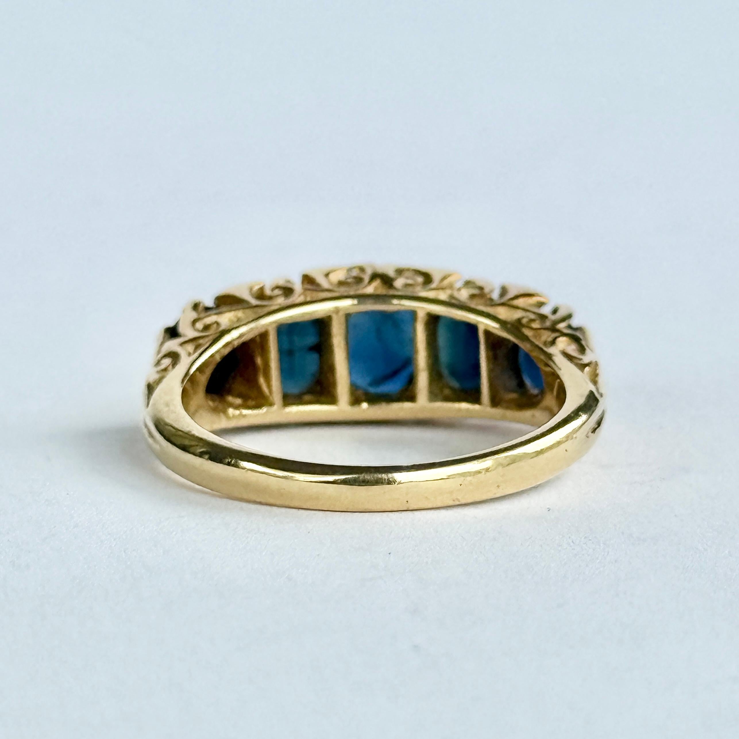 Vintage Sapphire and Diamond 18 Carat Gold Five-Stone Ring For Sale 1