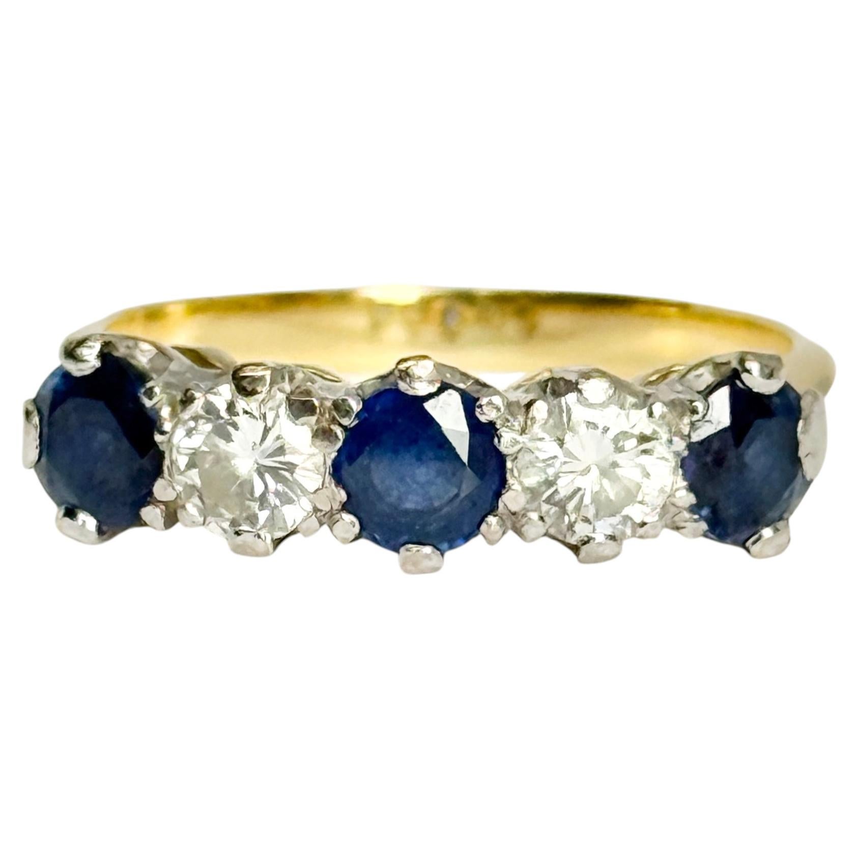Vintage Sapphire and Diamond 18 Carat Gold Five-Stone Ring
