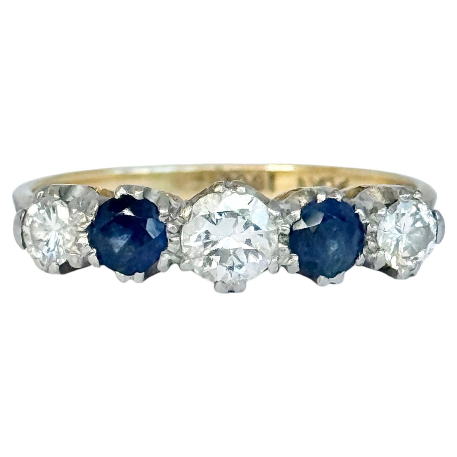Vintage Sapphire and Diamond 18 Carat Gold Five-Stone Ring