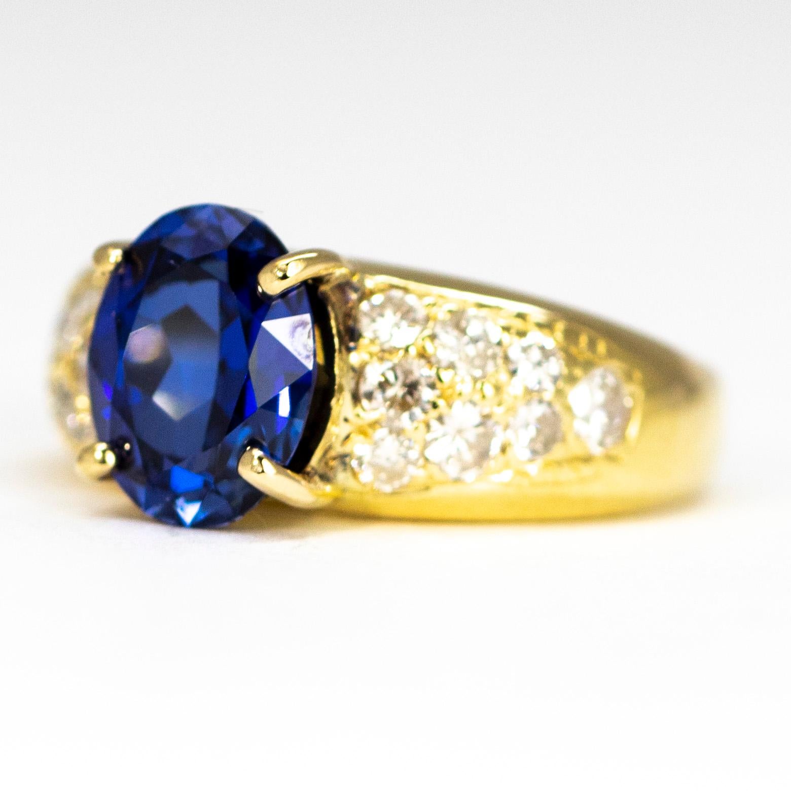 The stunning central sapphire in this ring measures 1.5carat and is the most wonderful deep blue. The shoulders of this chunky style ring are encrusted with diamonds which measure 7pts each. 

Ring Size: I 1/2 or 4 1/2 
Widest Point: 9mm

Weight: