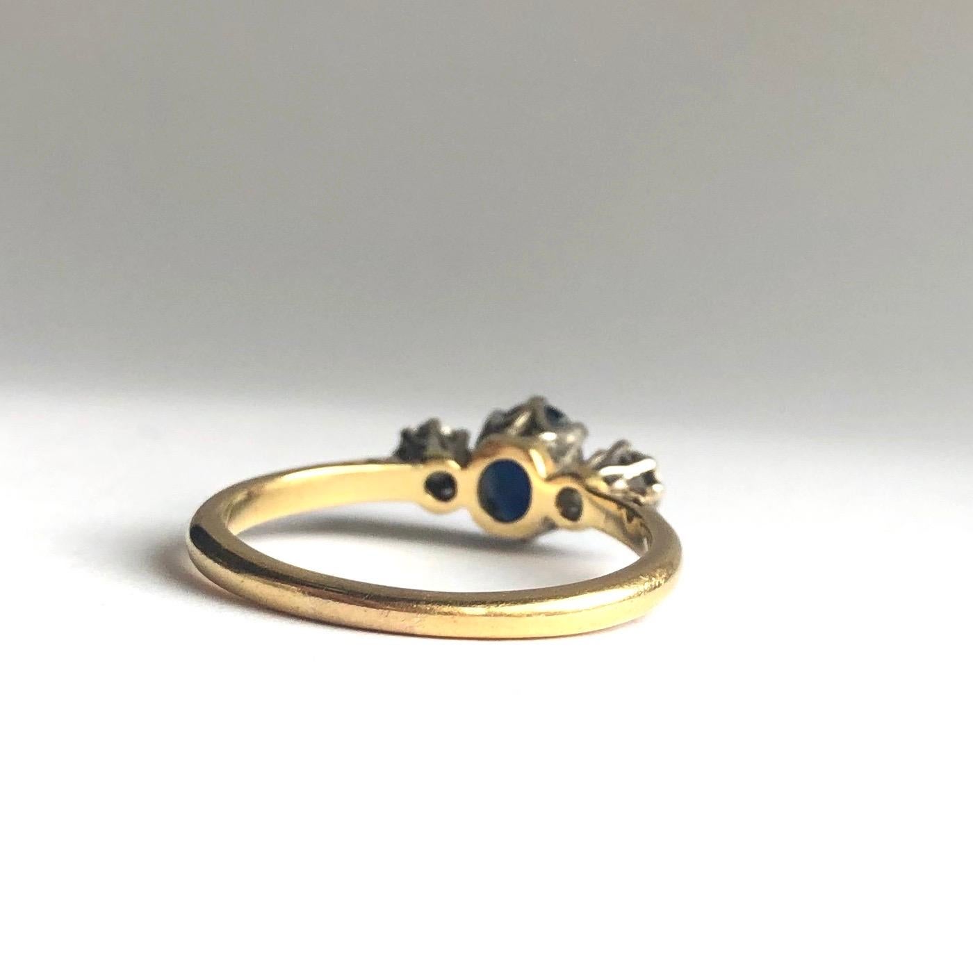 Modern Vintage Sapphire and Diamond 18 Carat Gold Three-Stone Ring