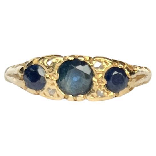 Vintage Sapphire and Diamond 18 Carat Gold Three Stone Ring For Sale