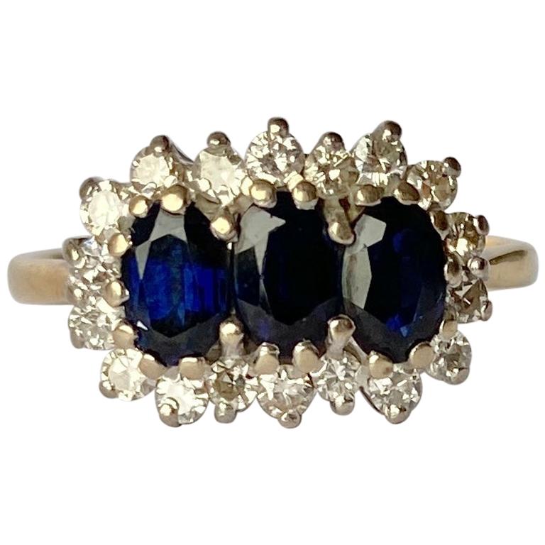Vintage Sapphire and Diamond 18 Carat Gold Triple Cluster Ring at 1stDibs