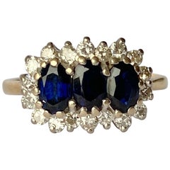 Vintage Sapphire and Diamond 18 Carat Gold Triple Cluster Ring