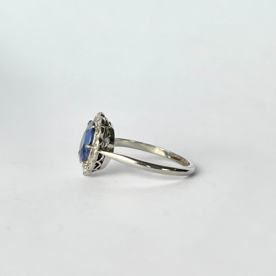 Women's Vintage Sapphire and Diamond 18 Carat White Gold and Platinum Cluster Ring For Sale