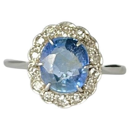 Vintage Sapphire and Diamond 18 Carat White Gold and Platinum Cluster Ring For Sale