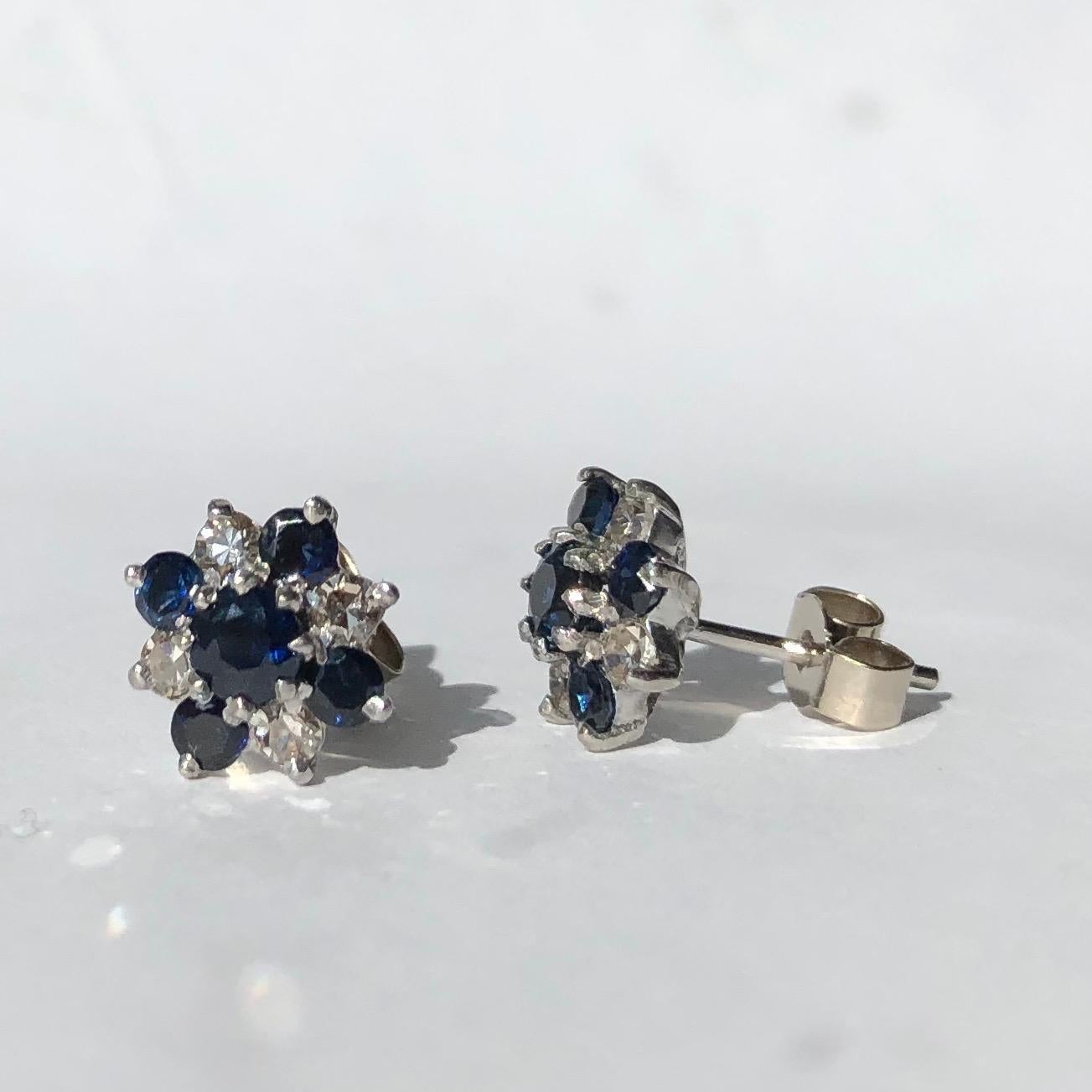 In these earrings there are five sapphires and four diamonds set in each. Each earring holds 45pts of sapphires and 20pts of diamonds all set in 18ct white gold. 

Cluster Diameter: 9mm
Height Off Ear: 4.5mm 

Weight: 2.73g